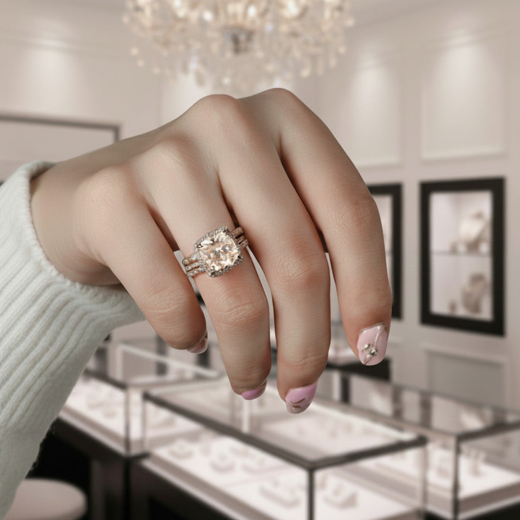 Rose Gold 3pcs Cushion Cut Champagne Stone Ring Set-Black Diamonds New York