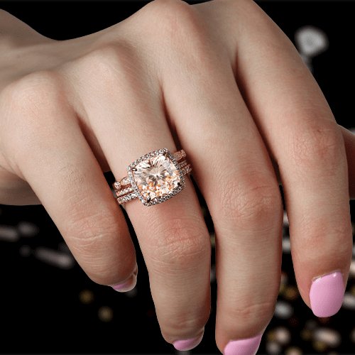 Rose Gold 3pcs Cushion Cut Champagne Stone Ring Set-Black Diamonds New York