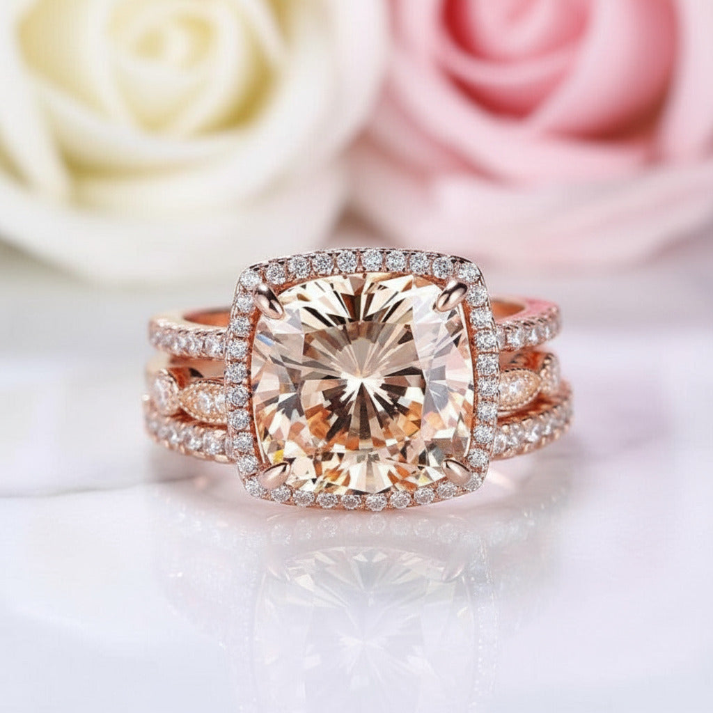 Rose Gold 3pcs Cushion Cut Champagne Stone Ring Set-Black Diamonds New York