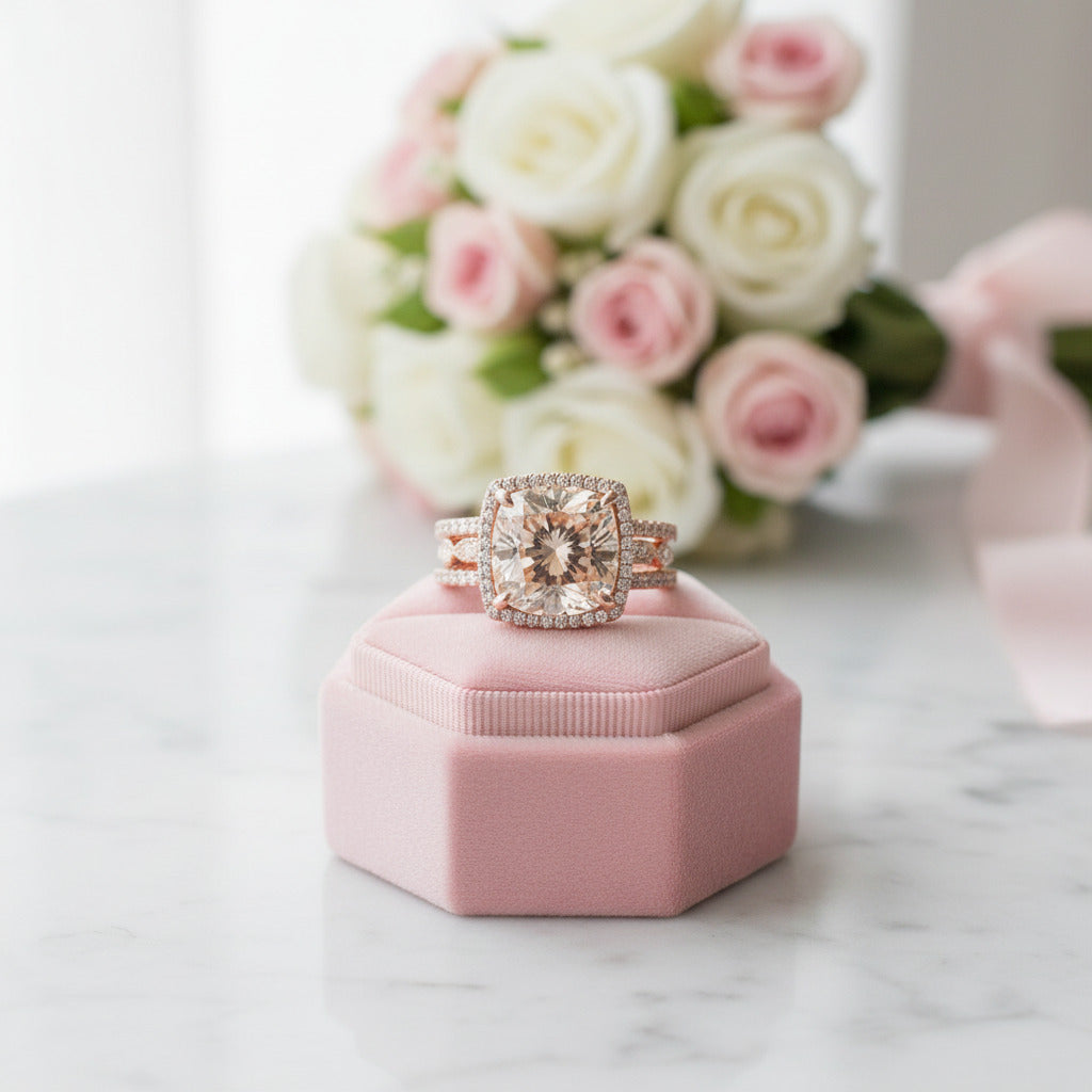 Rose Gold 3pcs Cushion Cut Champagne Stone Ring Set-Black Diamonds New York