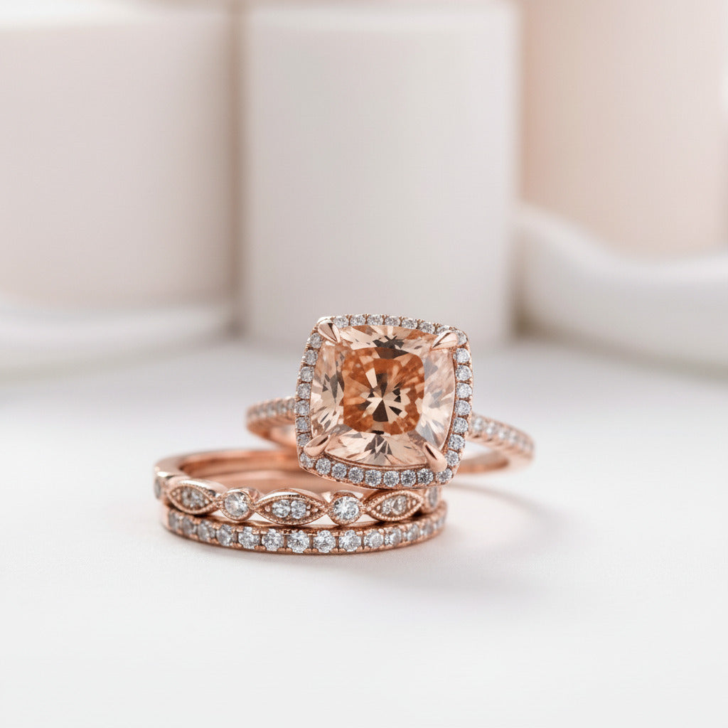 Rose Gold 3pcs Cushion Cut Champagne Stone Ring Set-Black Diamonds New York