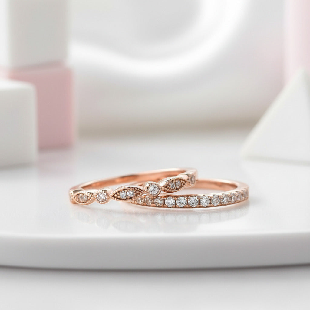 Rose Gold 3pcs Cushion Cut Champagne Stone Ring Set-Black Diamonds New York