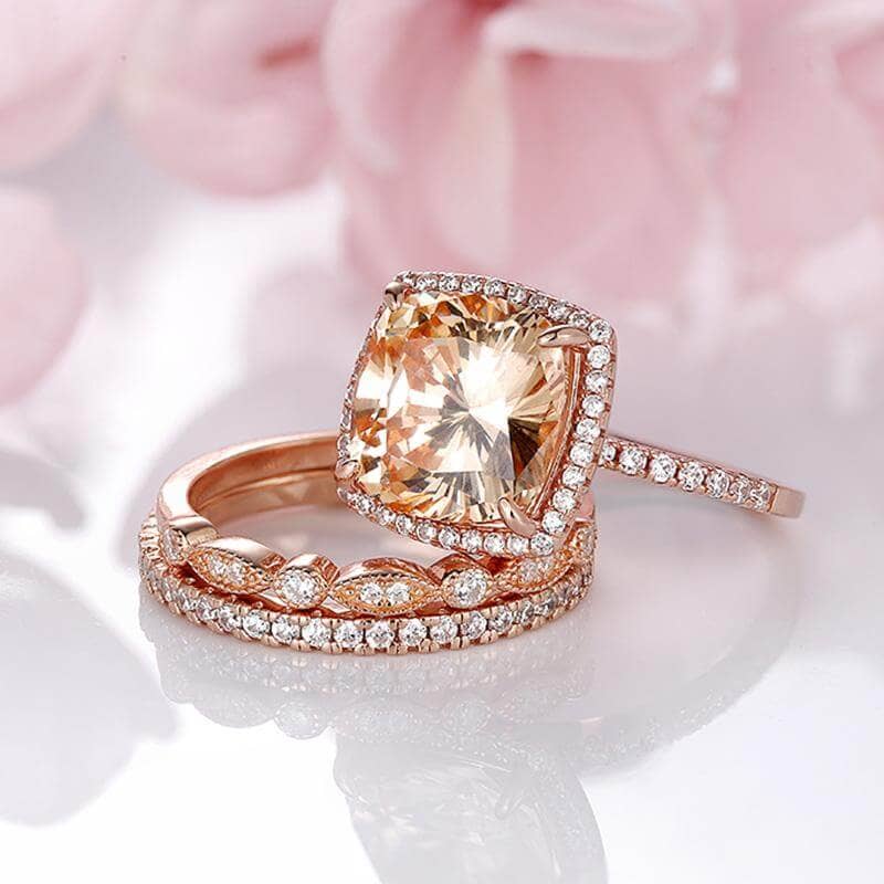 Rose Gold 3pcs Cushion Cut Champagne Stone Ring Set - Black Diamonds New York