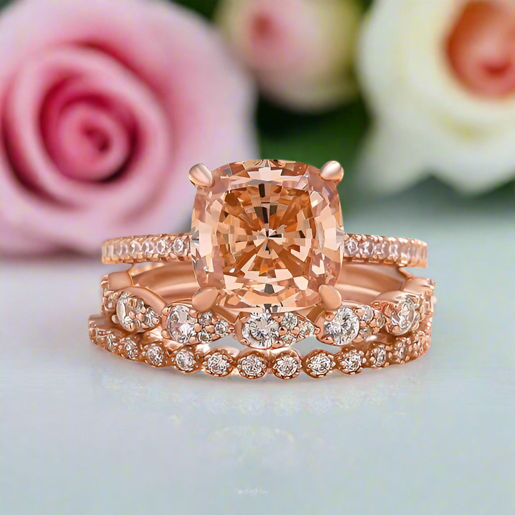 Rose Gold 5ct Cushion Cut Champagne Stone 3PC Ring Set-Black Diamonds New York
