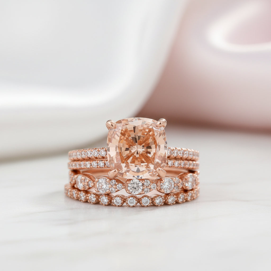Rose Gold 5ct Cushion Cut Champagne Stone 3PC Ring Set-Black Diamonds New York