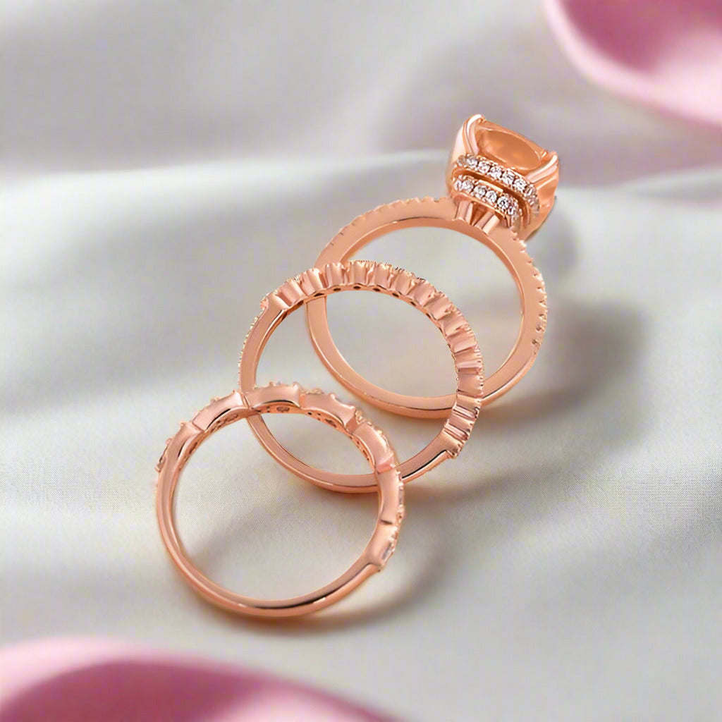Rose Gold 5ct Cushion Cut Champagne Stone 3PC Ring Set-Black Diamonds New York