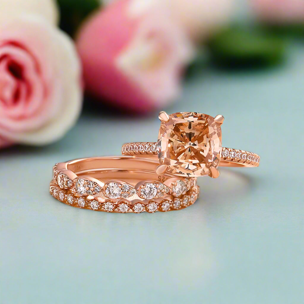 Rose Gold 5ct Cushion Cut Champagne Stone 3PC Ring Set-Black Diamonds New York