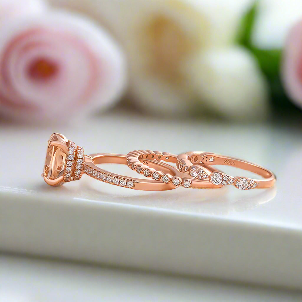 Rose Gold 5ct Cushion Cut Champagne Stone 3PC Ring Set-Black Diamonds New York