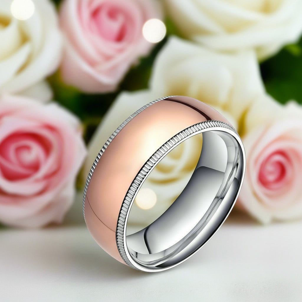 8mm Rose Gold Simple Dome Titanium Wedding Band-Black Diamonds New York