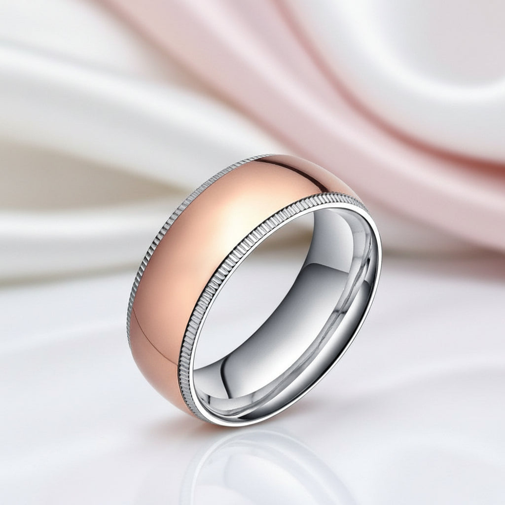 8mm Rose Gold Simple Dome Titanium Wedding Band-Black Diamonds New York