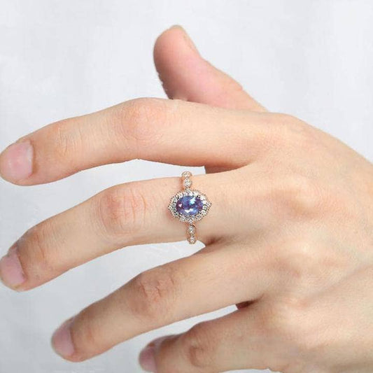 Rose Gold Alexandrite Stone Halo Oval Cut Engagement Ring-Black Diamonds New York