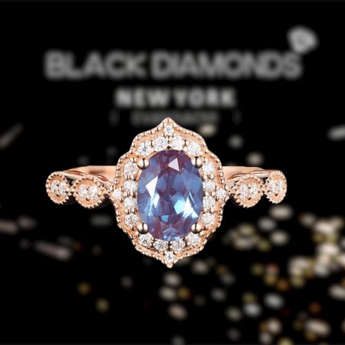 Rose Gold Alexandrite Stone Halo Oval Cut Engagement Ring-Black Diamonds New York