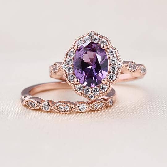 Rose Gold Amethyst Stone Halo Oval Cut Vintage Wedding Set-Black Diamonds New York