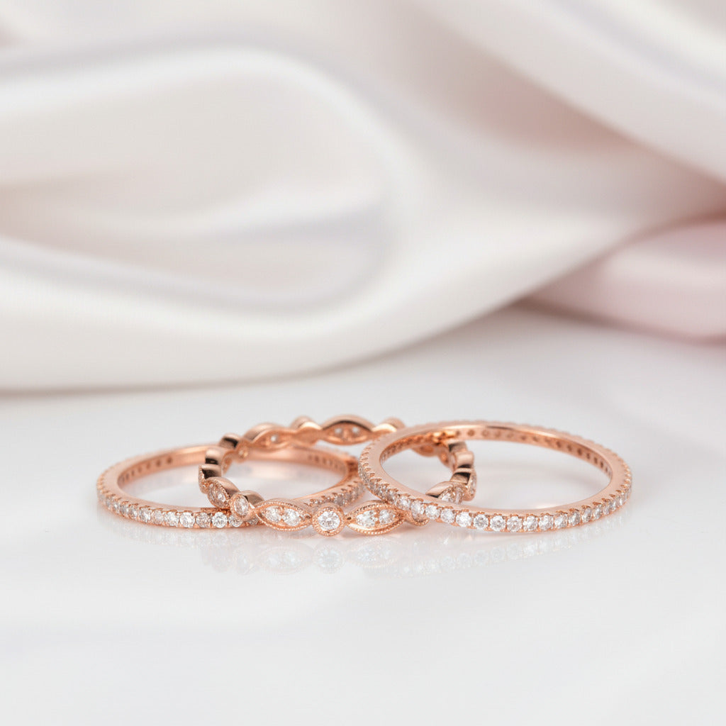 Rose Gold Art Deco 3PC Stackable Wedding Band Set-Black Diamonds New York