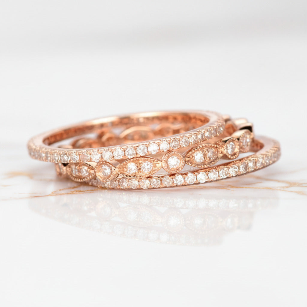 Rose Gold Art Deco 3PC Stackable Wedding Band Set-Black Diamonds New York