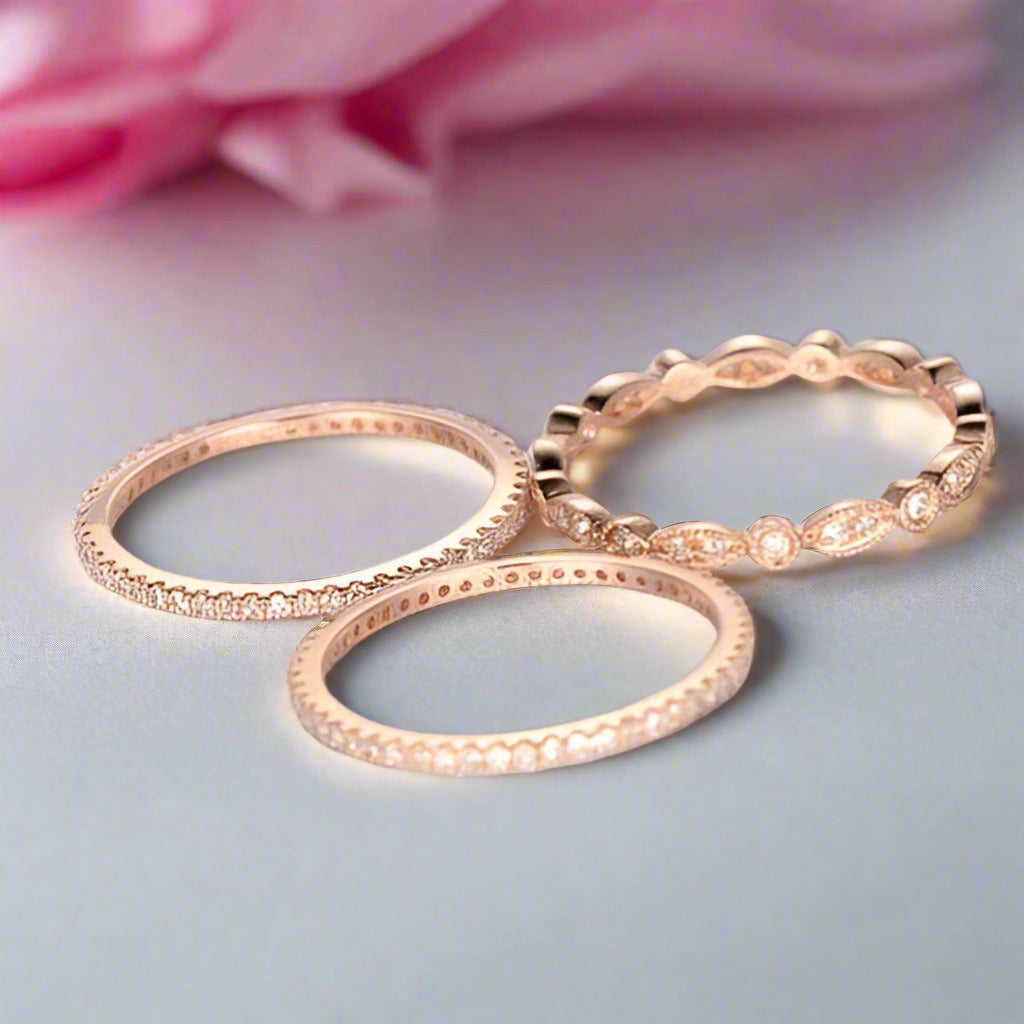 Rose Gold Art Deco 3PC Stackable Wedding Band Set-Black Diamonds New York