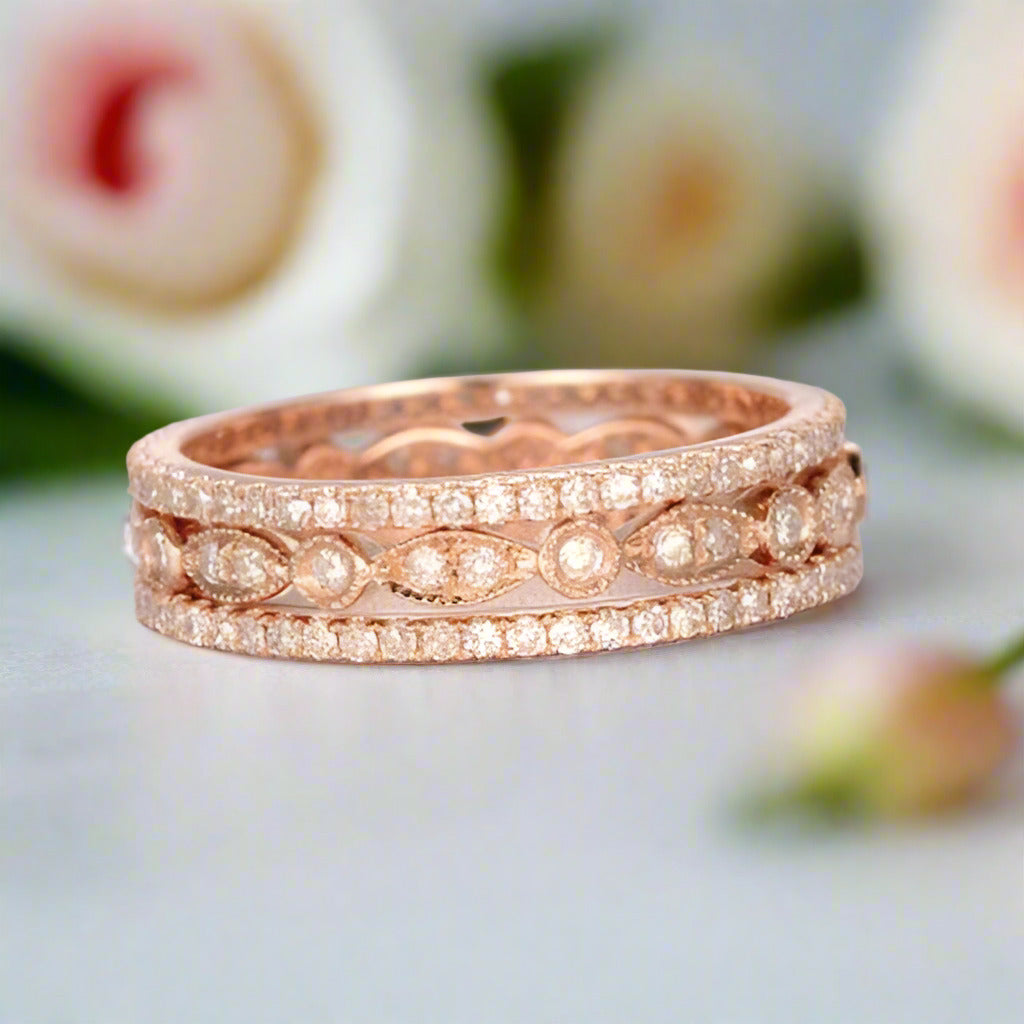 Rose Gold Art Deco 3PC Stackable Wedding Band Set-Black Diamonds New York