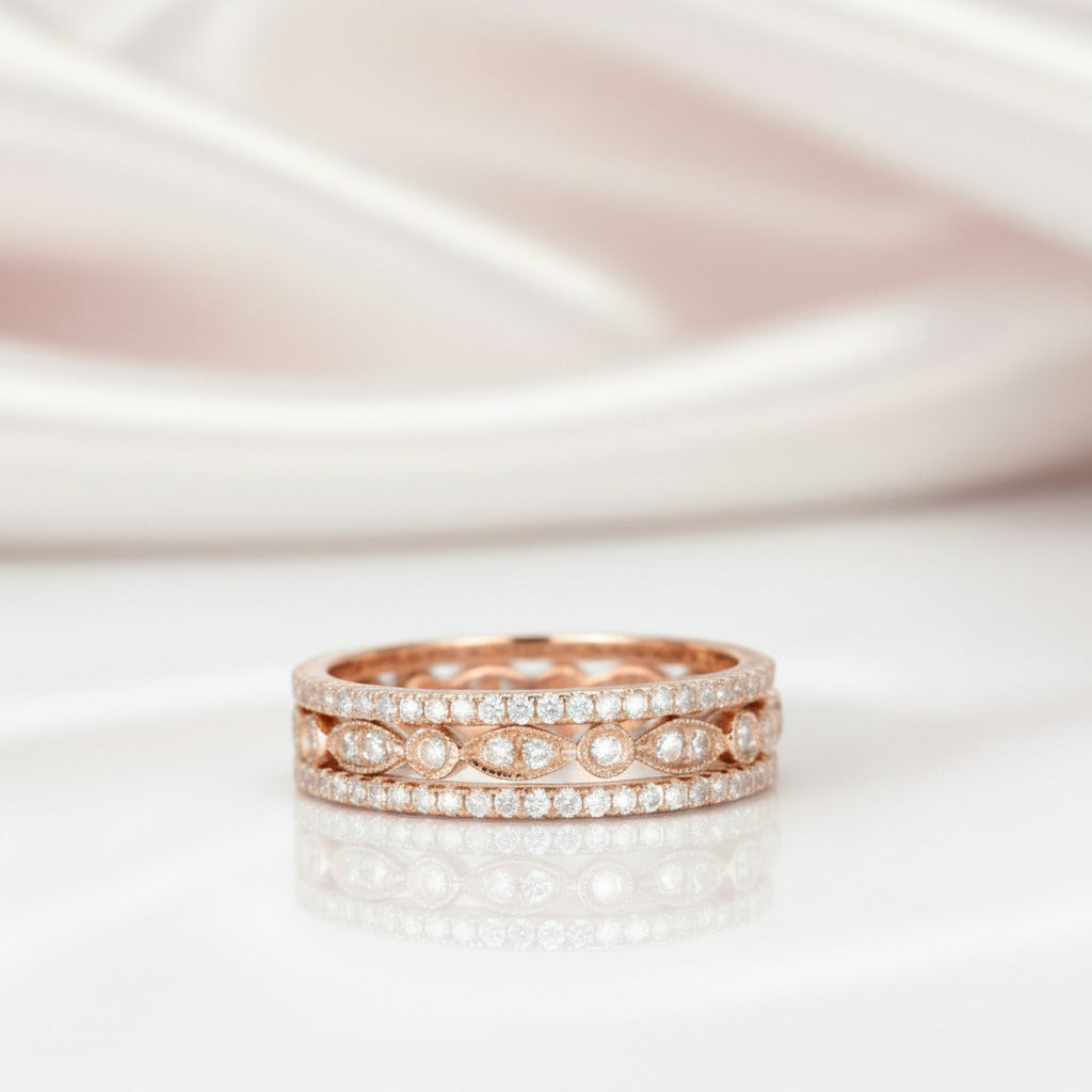 Rose Gold Art Deco 3PC Stackable Wedding Band Set-Black Diamonds New York