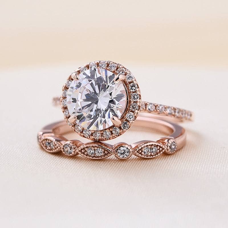 Rose Gold Art Deco Halo Round Cut Wedding Ring Set-Black Diamonds New York