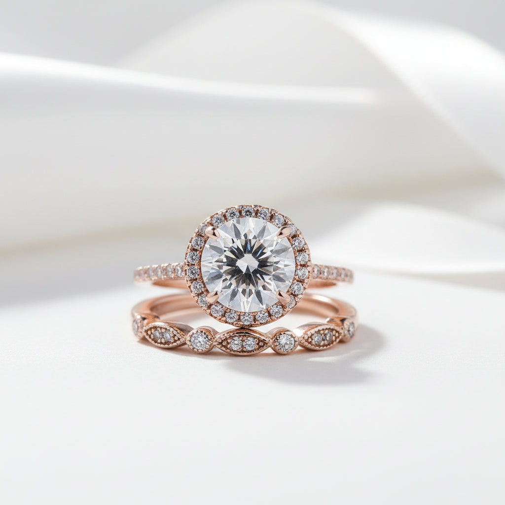 Rose Gold Art Deco Halo Round Cut Wedding Ring Set-Black Diamonds New York