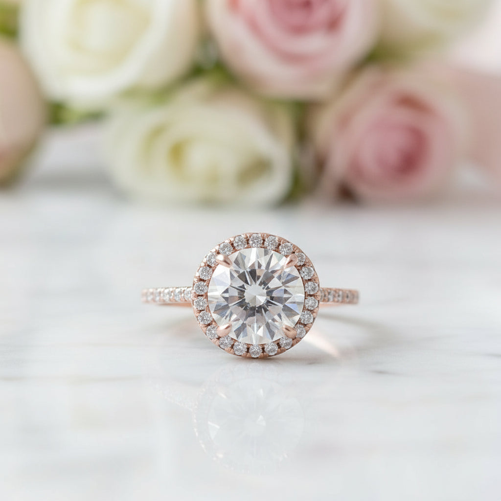 Rose Gold Art Deco Halo Round Cut Wedding Ring Set-Black Diamonds New York