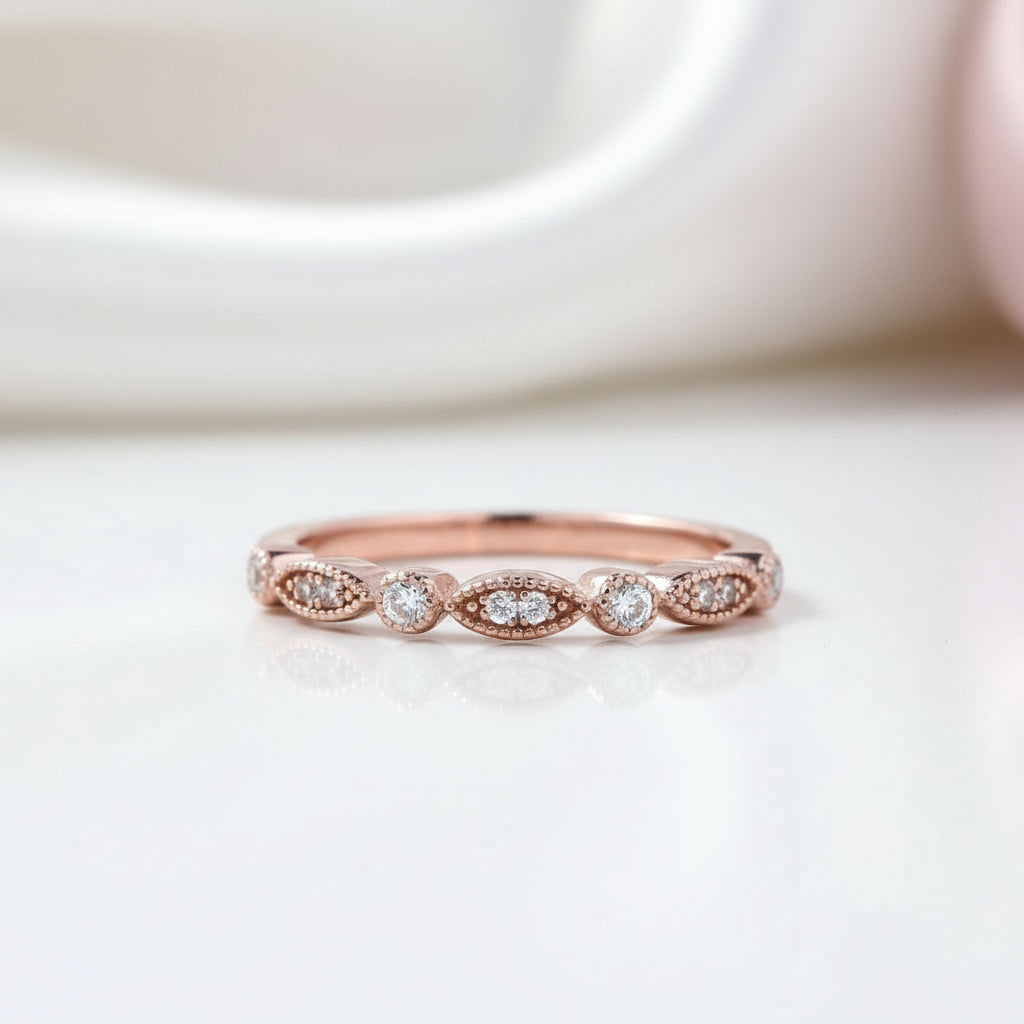 Rose Gold Art Deco Halo Round Cut Wedding Ring Set-Black Diamonds New York