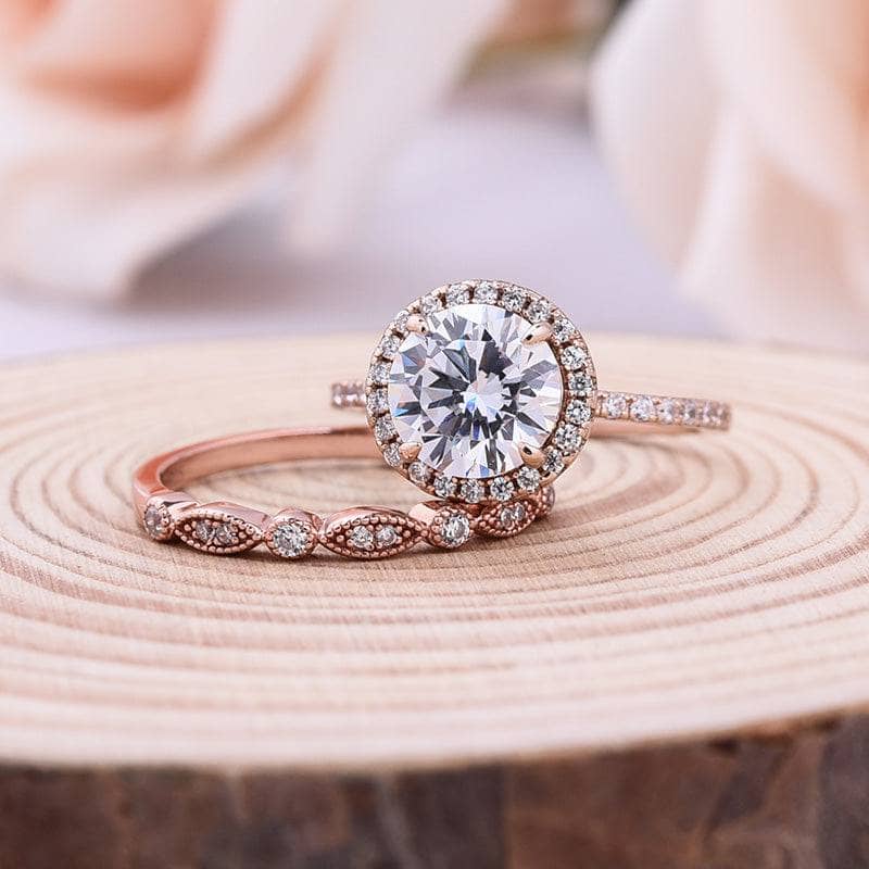 Rose Gold Art Deco Halo Round Cut Wedding Ring Set-Black Diamonds New York