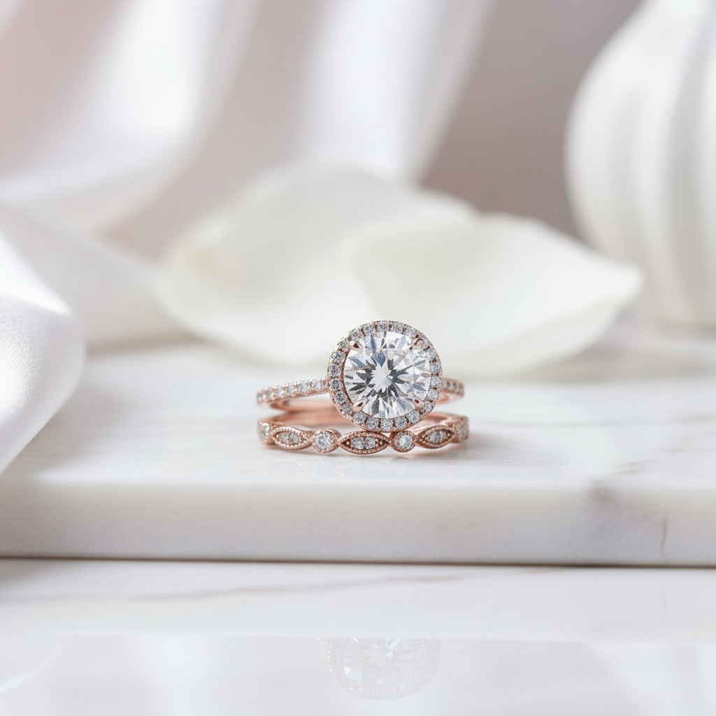 Rose Gold Art Deco Halo Round Cut Wedding Ring Set-Black Diamonds New York