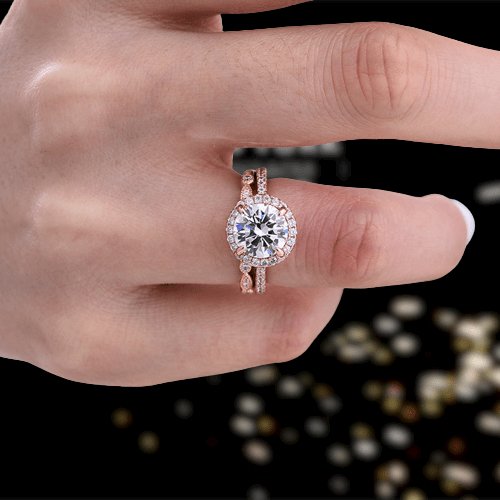 Rose Gold Art Deco Halo Round Cut Wedding Ring Set-Black Diamonds New York