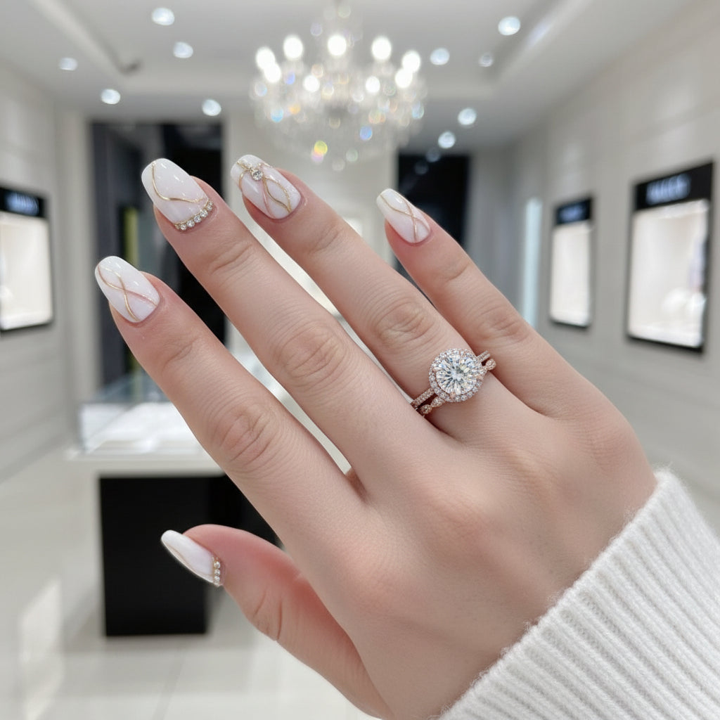 Rose Gold Art Deco Halo Round Cut Wedding Ring Set-Black Diamonds New York