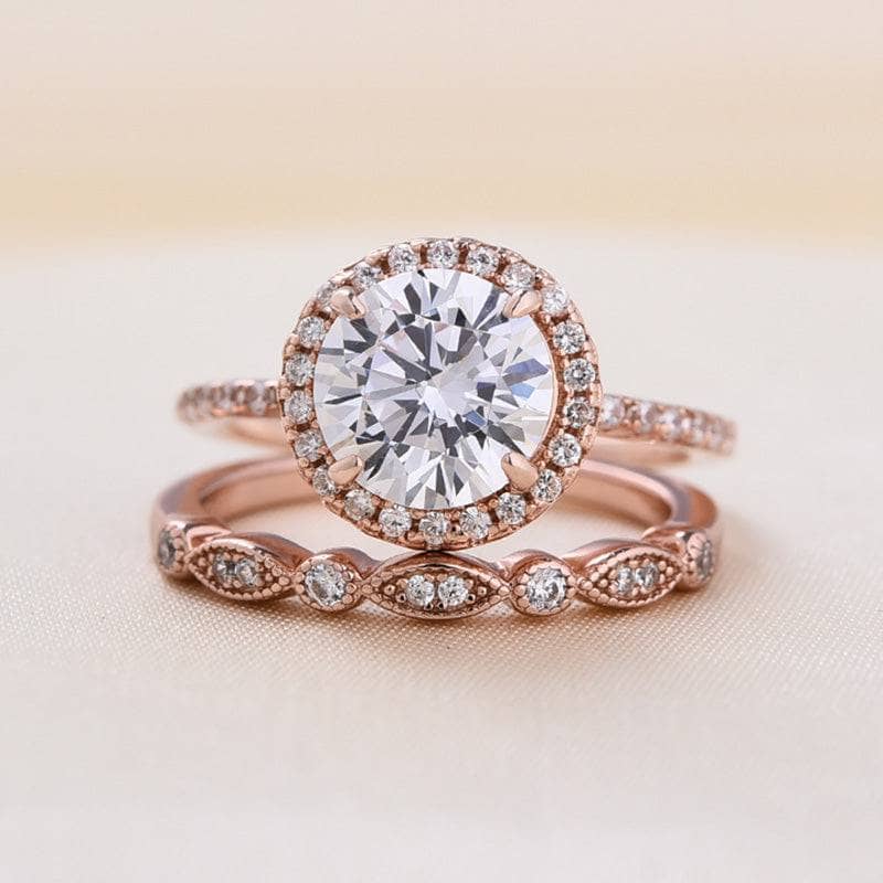Rose Gold Art Deco Halo Round Cut Wedding Ring Set-Black Diamonds New York