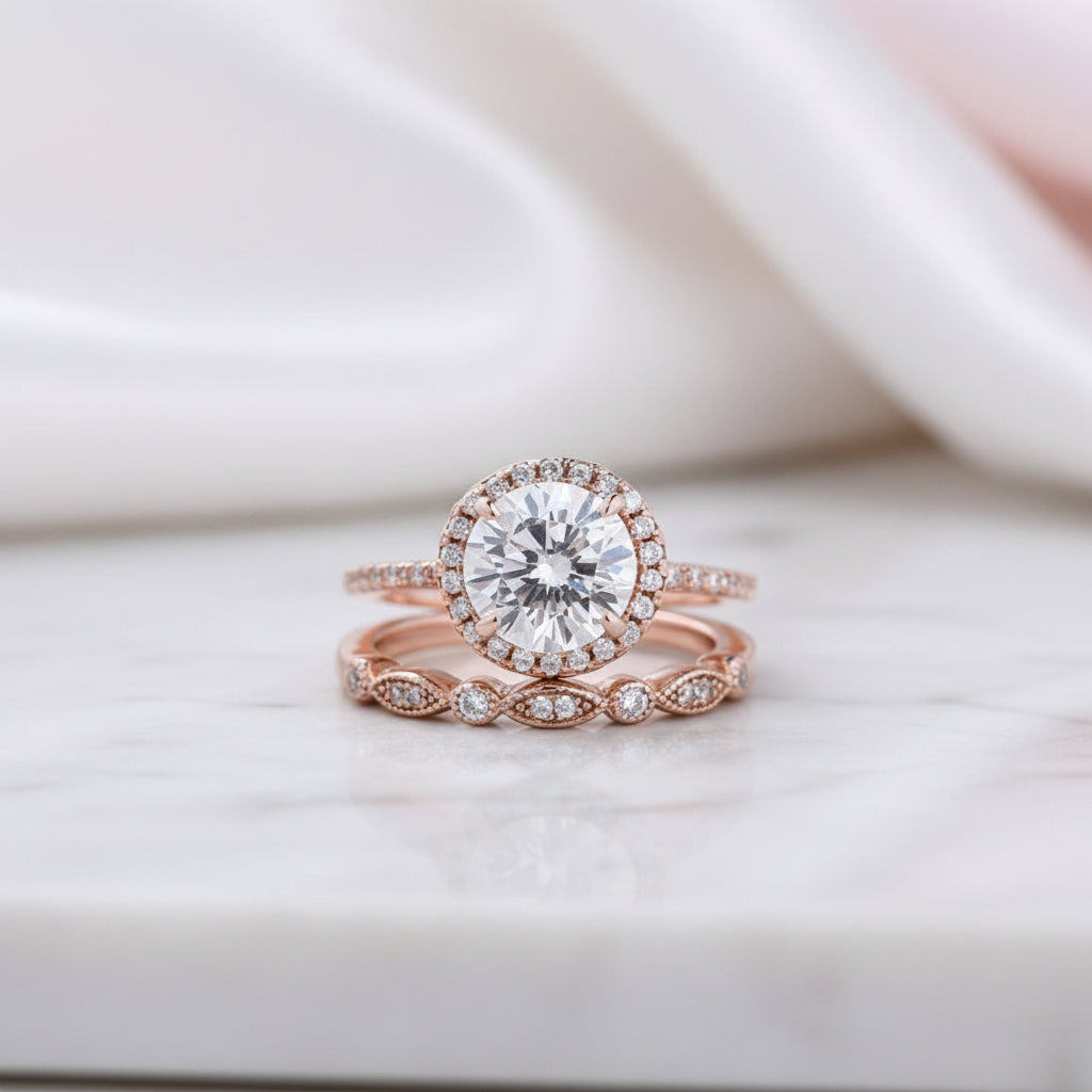Rose Gold Art Deco Halo Round Cut Wedding Ring Set-Black Diamonds New York