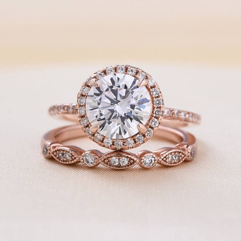 Rose Gold Art Deco Halo Round Cut Wedding Ring Set-Black Diamonds New York