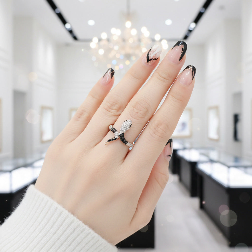 Rose Gold Black Spinel with Diamond Option Snake Ring-Black Diamonds New York