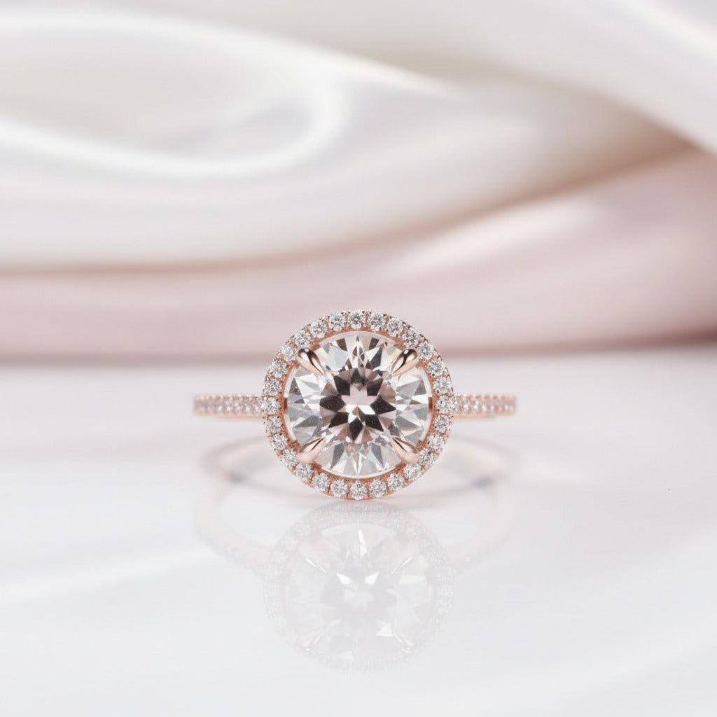 Rose Gold Champagne Sapphire Halo Round Cut 3pcs Wedding Ring Set-Black Diamonds New York