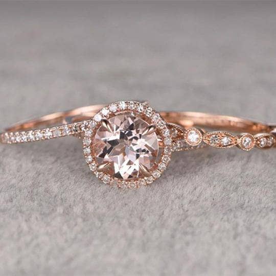 Rose Gold Champagne Sapphire Halo Round Cut 3pcs Wedding Ring Set-Black Diamonds New York
