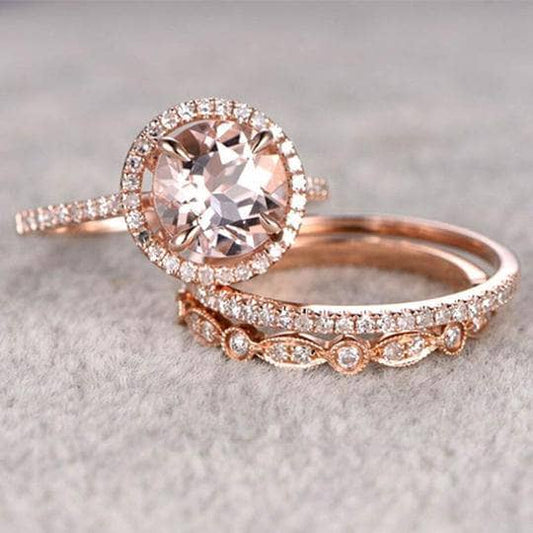 Rose Gold Champagne Sapphire Halo Round Cut 3pcs Wedding Ring Set - Black Diamonds New York