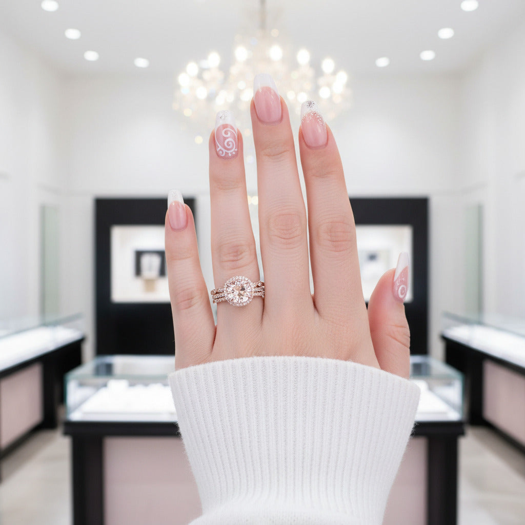 Rose Gold Champagne Sapphire Halo Round Cut 3pcs Wedding Ring Set-Black Diamonds New York