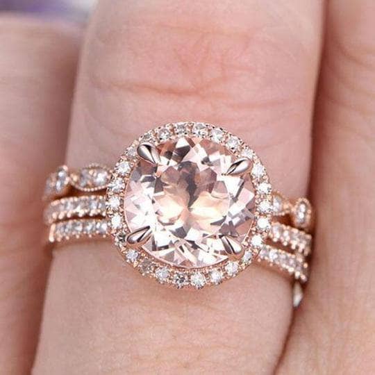 Rose Gold Champagne Sapphire Halo Round Cut 3pcs Wedding Ring Set-Black Diamonds New York