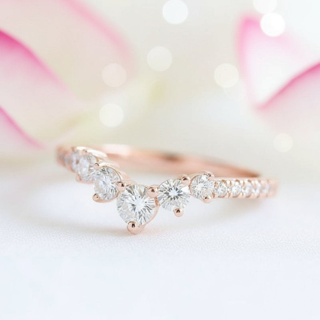 Rose Gold Chic Thin V Shaped Stacking Wedding Band-Black Diamonds New York