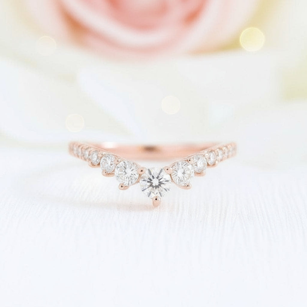 Rose Gold Chic Thin V Shaped Stacking Wedding Band-Black Diamonds New York