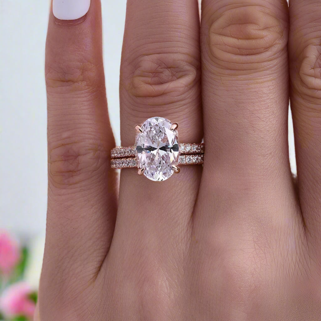 Rose Gold Classic Oval Cut Wedding Ring Set – Black Diamonds