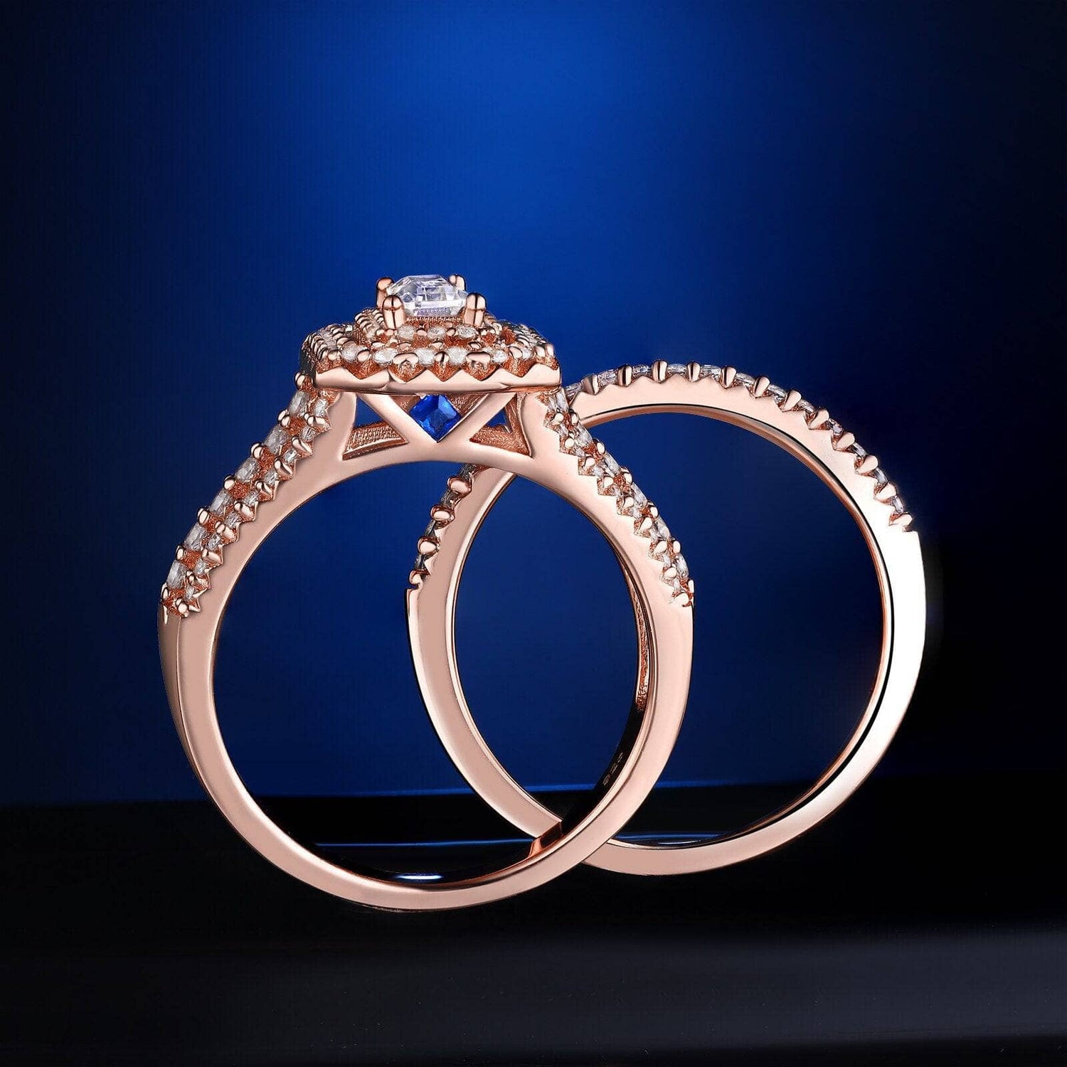 Rose Gold Color Radiant Cut EVN Stone Ring Set-Black Diamonds New York