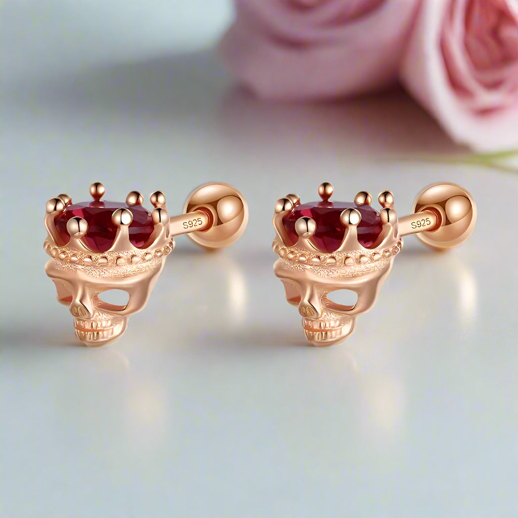 Rose Gold Crowned Skull Head Screw Stud Earrings-Black Diamonds New York