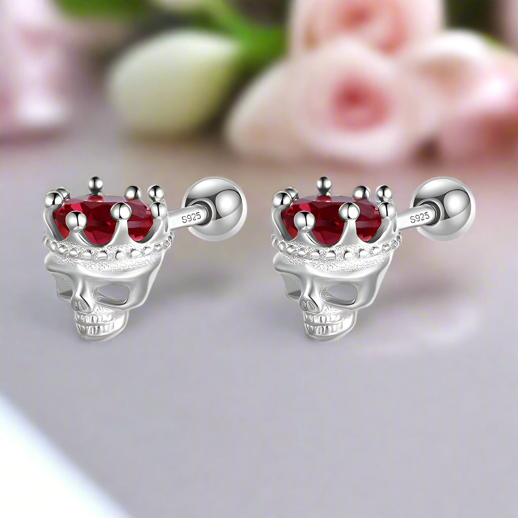 Rose Gold Crowned Skull Head Screw Stud Earrings-Black Diamonds New York