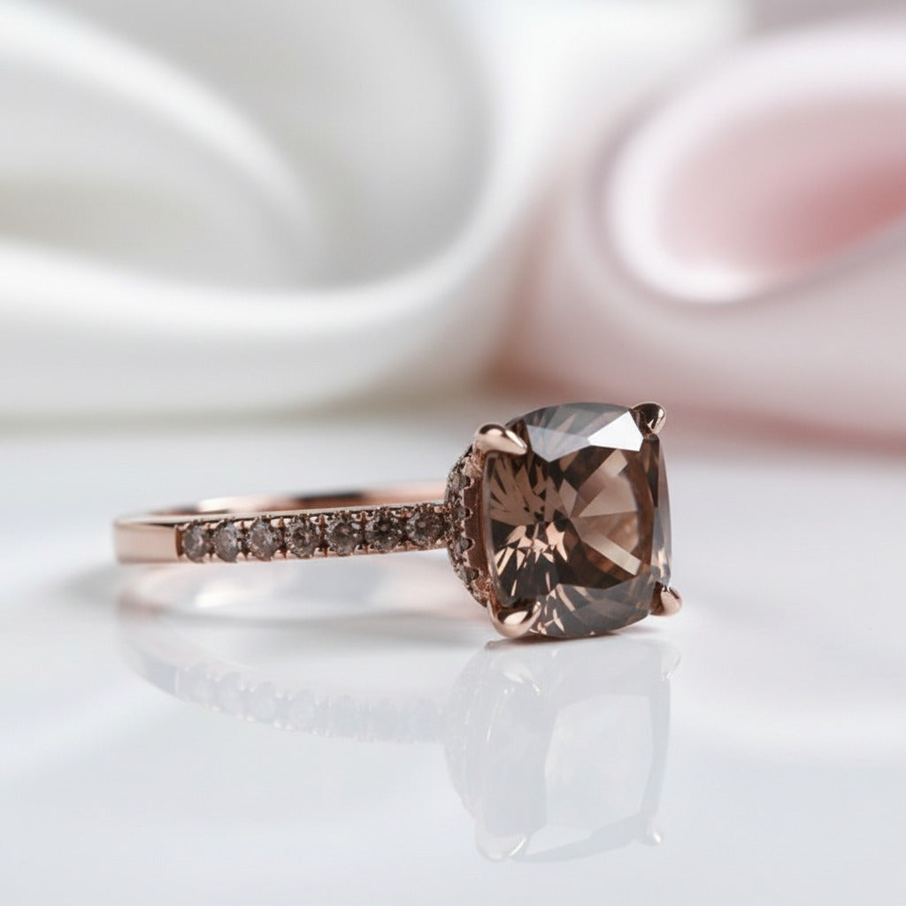 Rose Gold Cushion Cut Chocolate Stone Engagement Ring-Black Diamonds New York