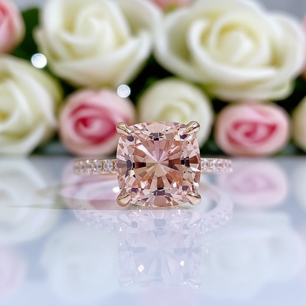 VIP 10K Rose Gold Cushion Cut Morganite Peachy Pink Stone Engagement Ring (Aftersale Service)-Black Diamonds New York