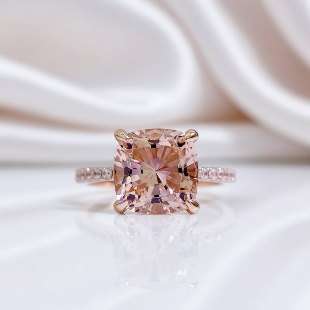 VIP 10K Rose Gold Cushion Cut Morganite Peachy Pink Stone Engagement Ring (Aftersale Service)-Black Diamonds New York
