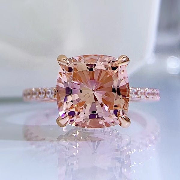 Rose Gold Cushion Cut Morganite Peachy Pink Stone Engagement Ring - Black Diamonds New York