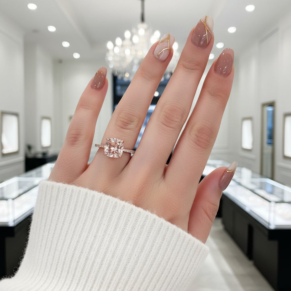 VIP 10K Rose Gold Cushion Cut Morganite Peachy Pink Stone Engagement Ring (Aftersale Service)-Black Diamonds New York